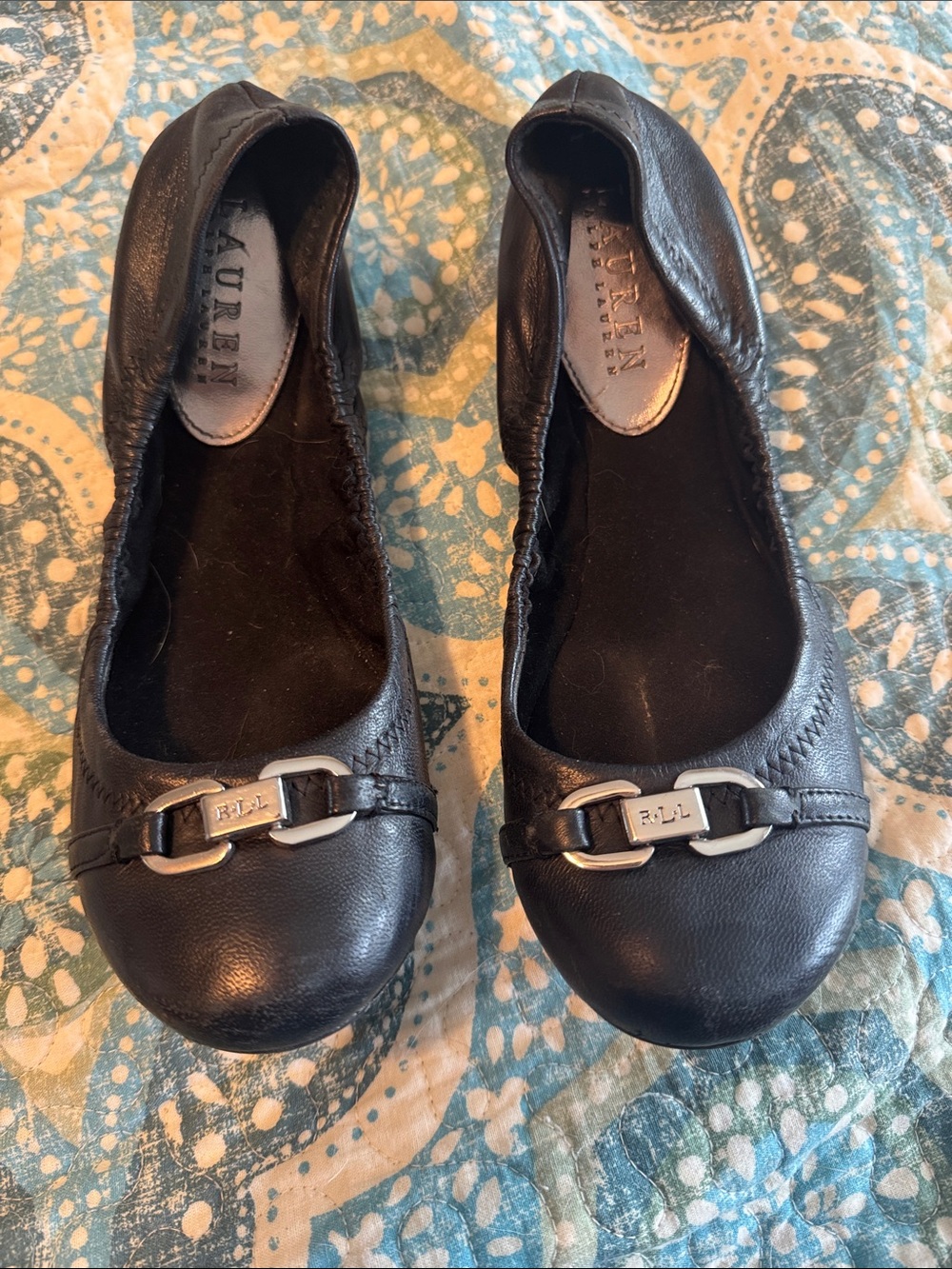 Ralph Lauren Black Leather Slip-On Ballet Flats with Silver Hardware